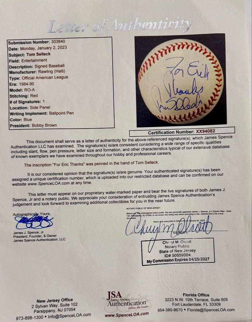 Tom Selleck signed, inscribed baseball *RARE* - JSA COA w/full letter of authenticity