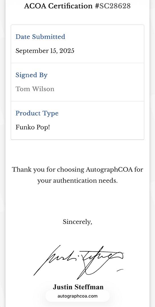 Tom Wilson signed Funko #963 (Back to the Future) w/quote - ACOA COA