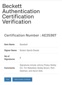 Multi-signed baseball - Bobby Orr, Johnny Pesky, Tim Wakefield, Bobby Brown, Rich Gedman and Aaron Sele - Beckett COA w/full letter of authenticity