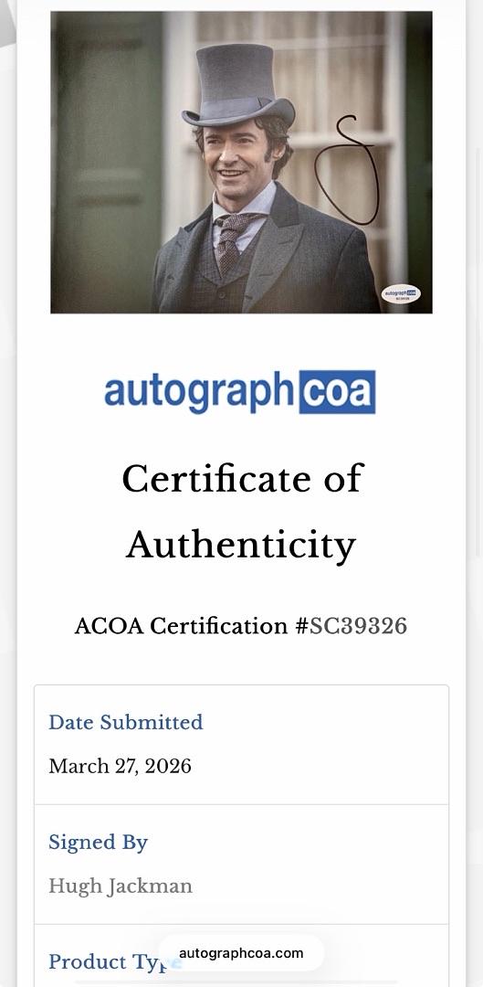 Hugh Jackman signed 8x10 (The Greatest Showman) - ACOA COA