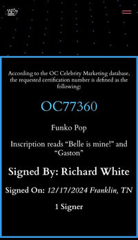 Richard White signed "Gaston" Funko #1518 (Disney Villains) - OC Celebrity Marketing COA