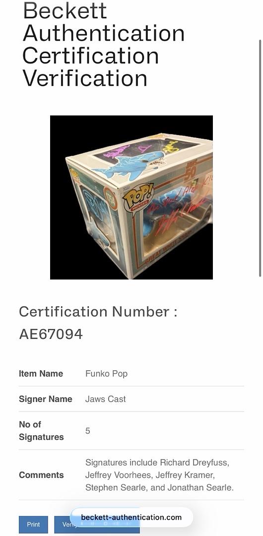 Richard Dreyfuss, Jeffrey Kramer, Jeffrey Vorhees, Stephen and Jonathan Searle, Signed Funko Pop #1754 (Jaws) - Beckett COA #02