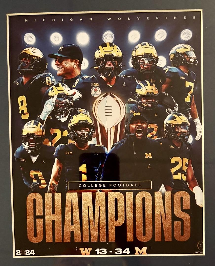 University of Michigan 34x42 signed, framed 2023 National Champs jersey (signed by 11) - Beckett COA