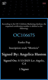 Anjelica Huston Signed Funko Pop #1550 "Morticia Addams" (Addams Family) - OC Celebrity Marketing COA