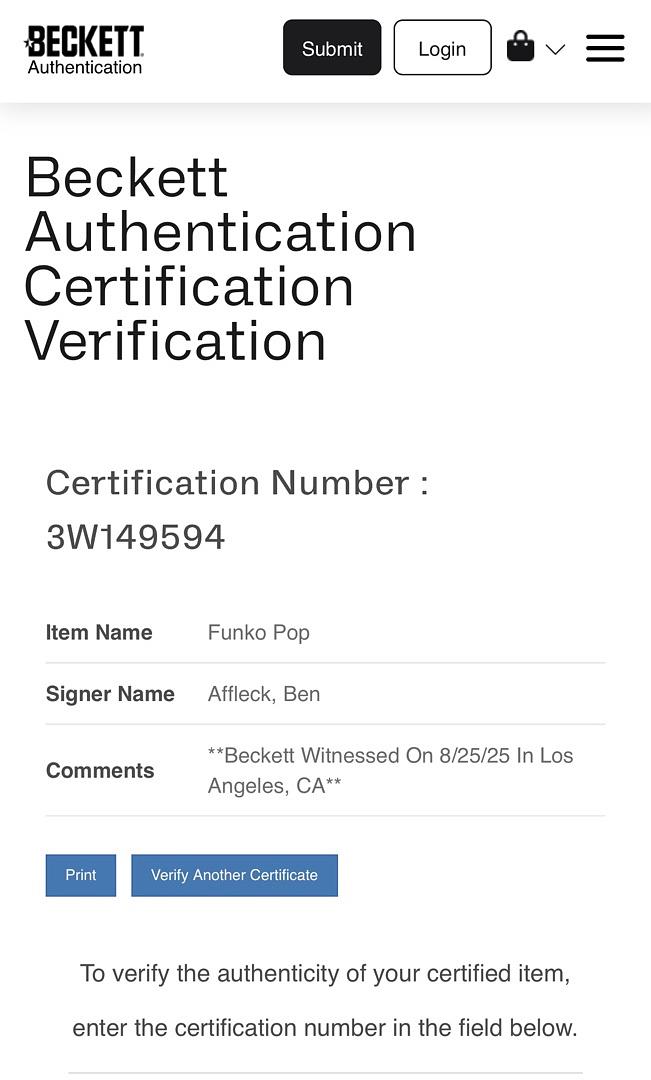 Ben Affleck signed "Batman" Funko #144 (Batman) - Beckett COA
