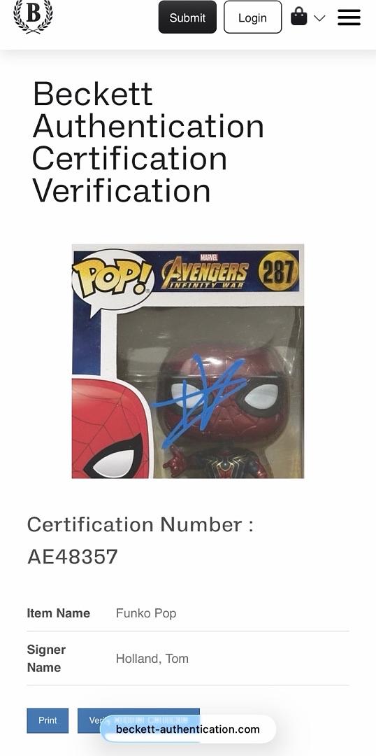 Tom Holland signed "Iron Spider" Funko #287 (Avengers) - Beckett COA