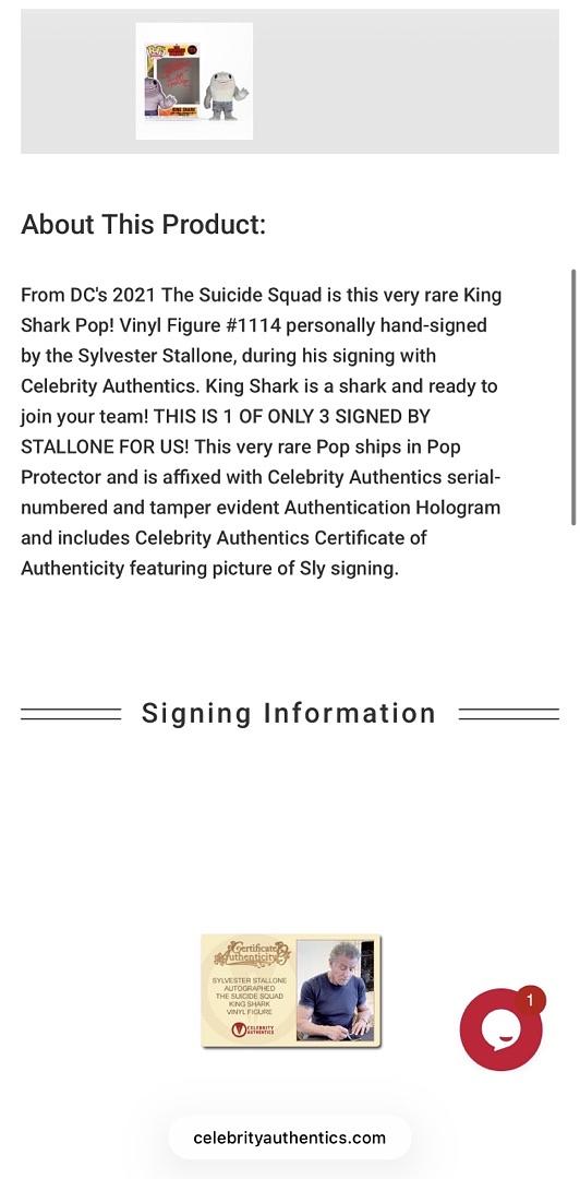 Sylvester Stallone Signed Funko Pop #1114 King Shark (Suicide Squad) - Celebrity Authentics COA