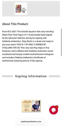 Sylvester Stallone Signed Funko Pop #1114 King Shark (Suicide Squad) - Celebrity Authentics COA