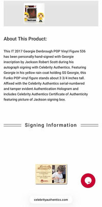 Jackson Robert Scott Signed Funko Pop #536 "Georgie Denbrough" (IT) w/character name - Celecrity Authentics