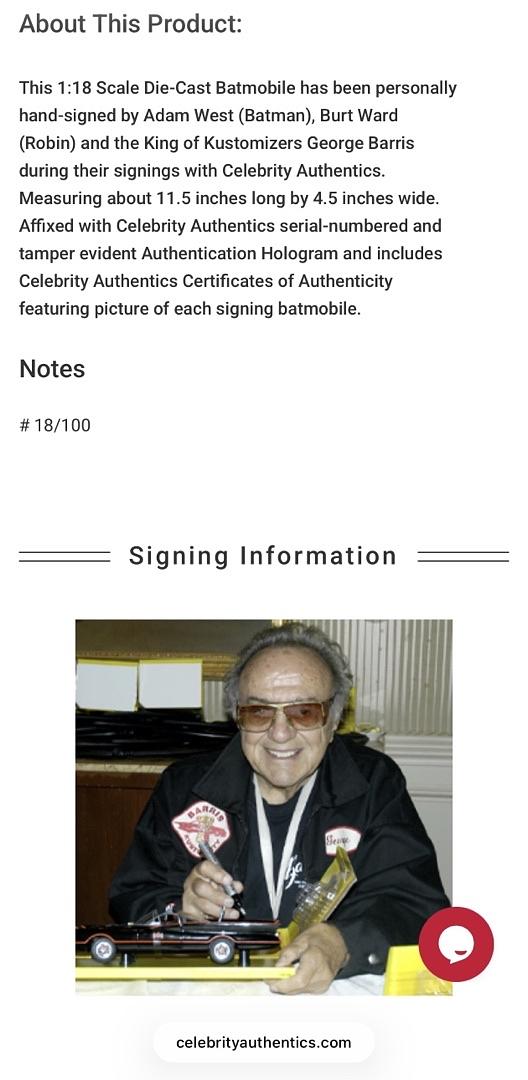 Adam West, Burt Ward and George Barris signed Batmobile #18/100 (Batman) - Celebrity Authentics COA