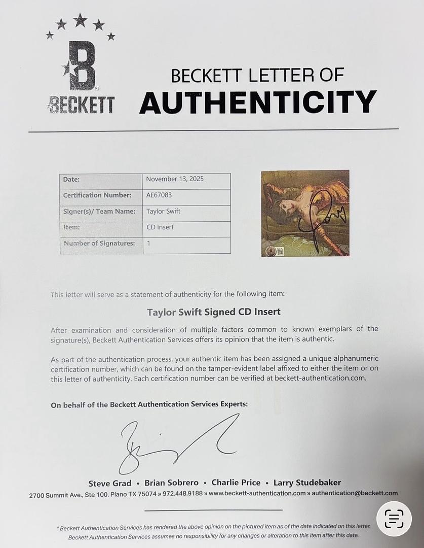 Taylor Swift matted, signed "Life of a Showgirl" CD Insert Photo 2 - Beckett COA and full LOA