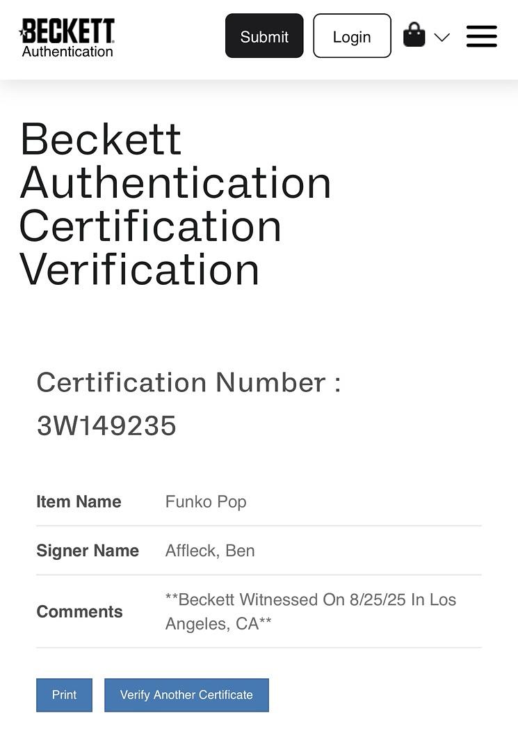Ben Affleck signed "Batman" Signature Series Funko #88- Beckett/OC Celebrity Marketing COA (Copy)