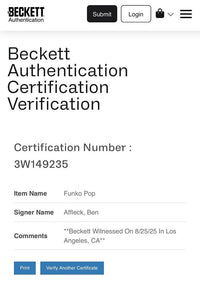 Ben Affleck signed "Batman" Signature Series Funko #88- Beckett/OC Celebrity Marketing COA (Copy)