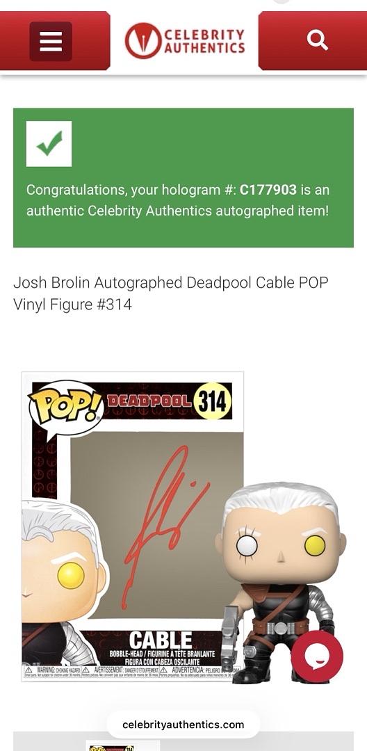 Josh Brolin Signed Funko Pop #314 Deadpool (Marvel) - Celebrity Authentics COA