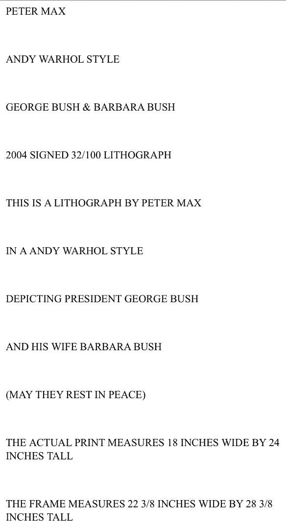 Peter Max signed George and Barbara Bush 18x24 limited edition 32/100 framed (22x29) lithograph - Max Studio Authenticated