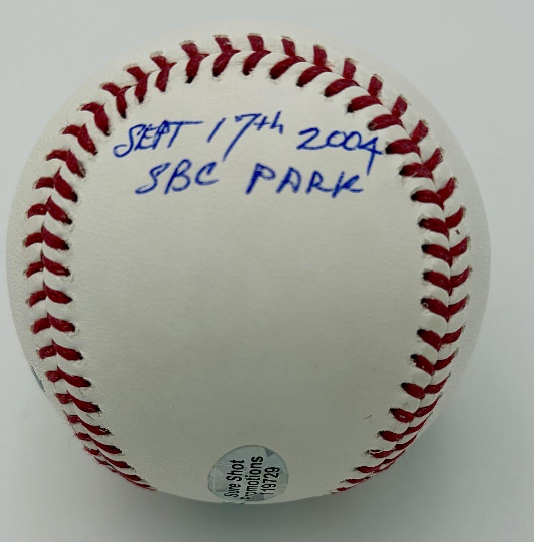 Jake Peavy signed baseball w/Barry Bonds 700th inscription - Sure Shot Promotions