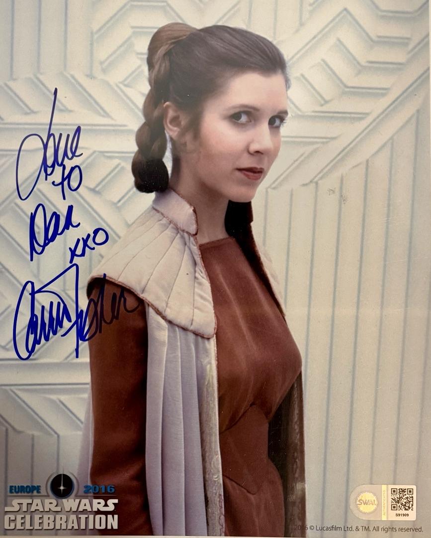 Carrie Fisher signed, inscribed 8x10 SWAU COA
