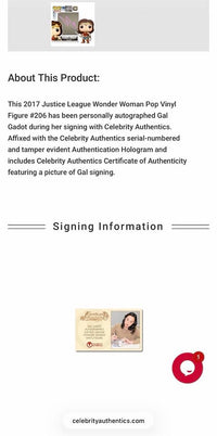 Gal Gadot Signed Funko Pop #206 Wonder Woman - Celebrity Authentics COA