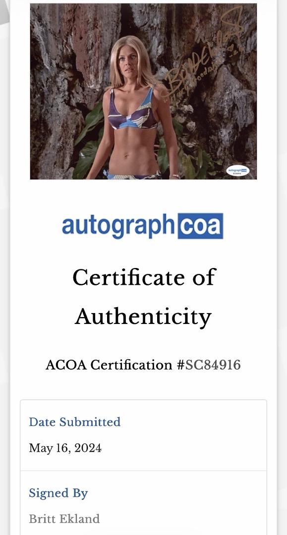 Brit Ekland signed 8x10 w/"Goodnight" inscription (Bond) - ACOA COA