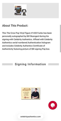 Bill Skarsgard signed "Eric Draven" Funko #1430 (The Raven) - Beckett COA