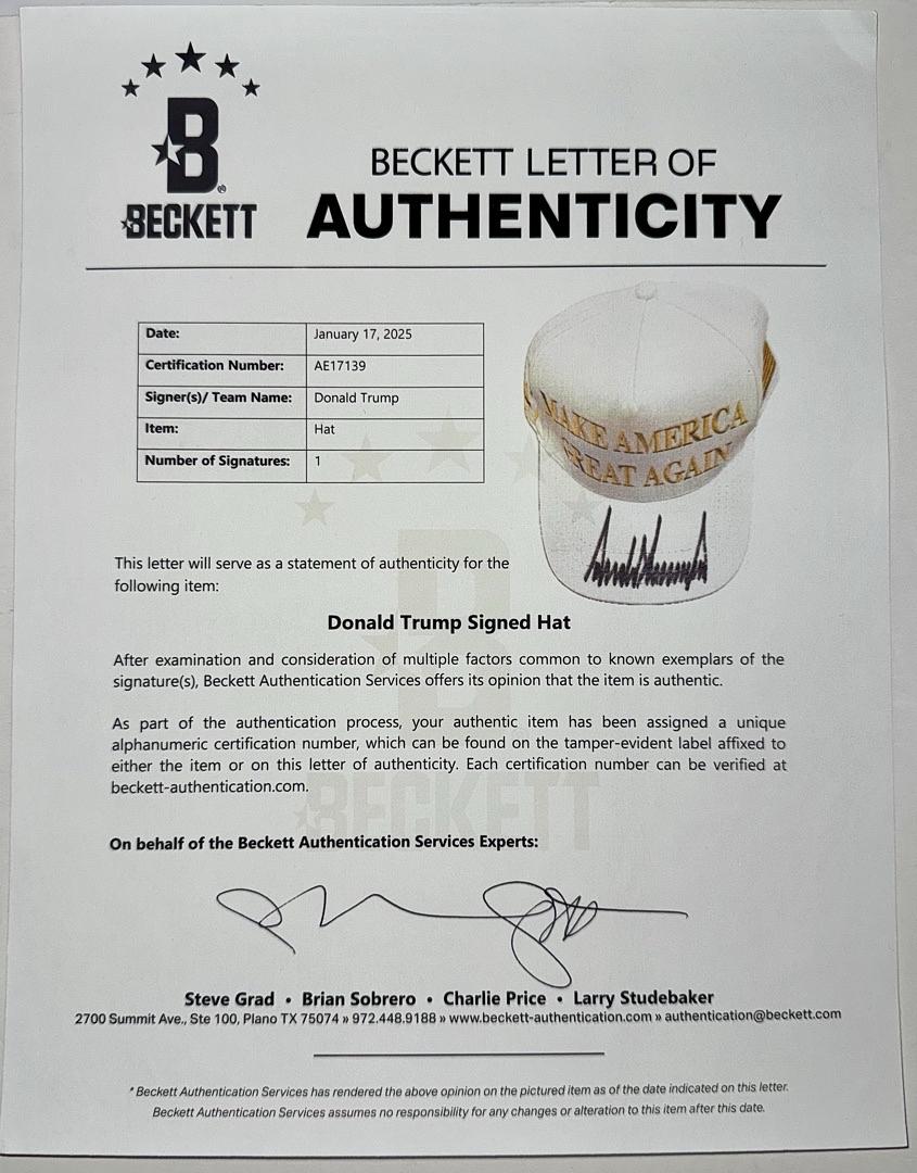 Donald Trump Signed MAGA Hat/Cap (White) - Beckett COA w/full letter of authenticity