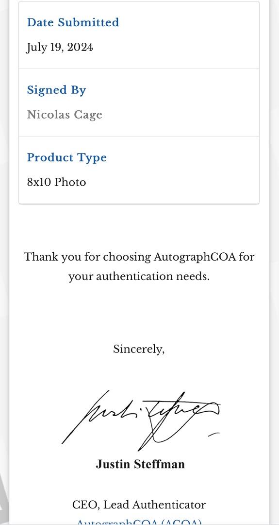 Nicholas Cage Signed 8x10 Photo (Moonstruck) - ACOA