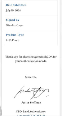 Nicholas Cage Signed 8x10 Photo (Moonstruck) - ACOA
