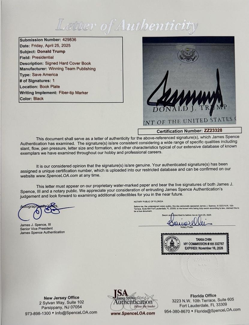 Donald Trump Autographed Save America Book Signed Hardcover - JSA COA #02