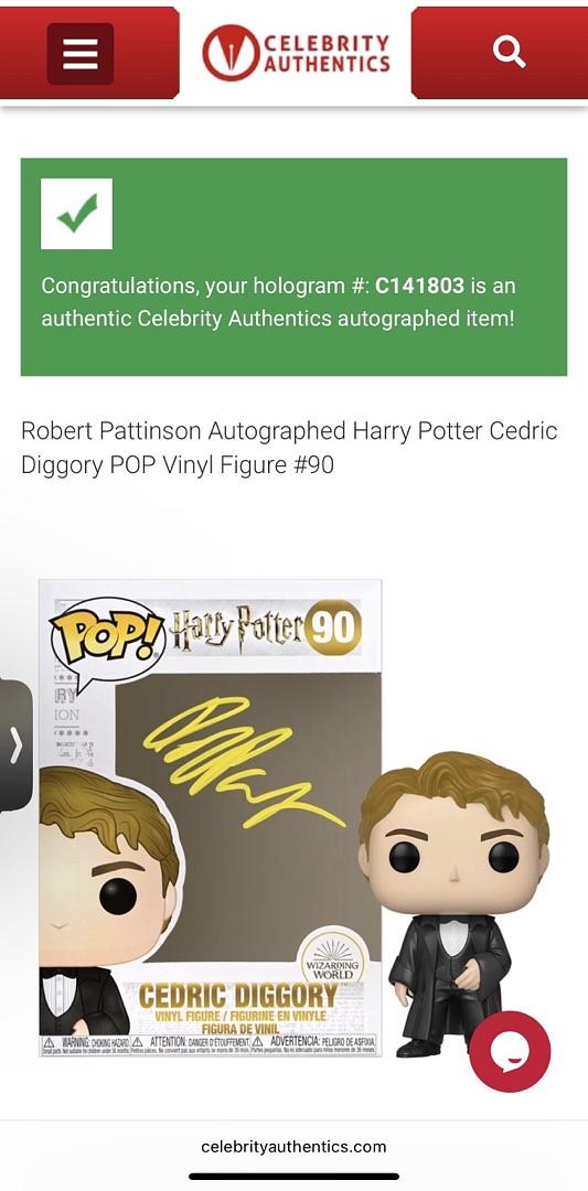 Robert Pattinson Signed Funko Pop #90 Cedric Diggory (Harry Potter) - Celebrity Authentics #01