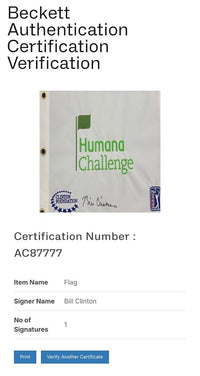 Bill Clinton Signed Golf Flag Humana Challenge PGA Tour Clinton Foundation - Beckett COA w/full letter of authenticity