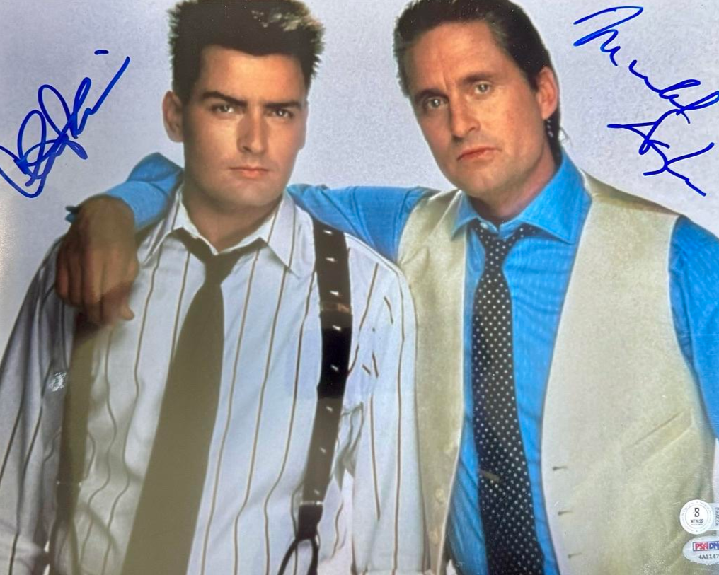 Michael Douglas & Charlie Sheen Signed Wall Street 11x14 (Blue Ink) - PSA/Beckett COA