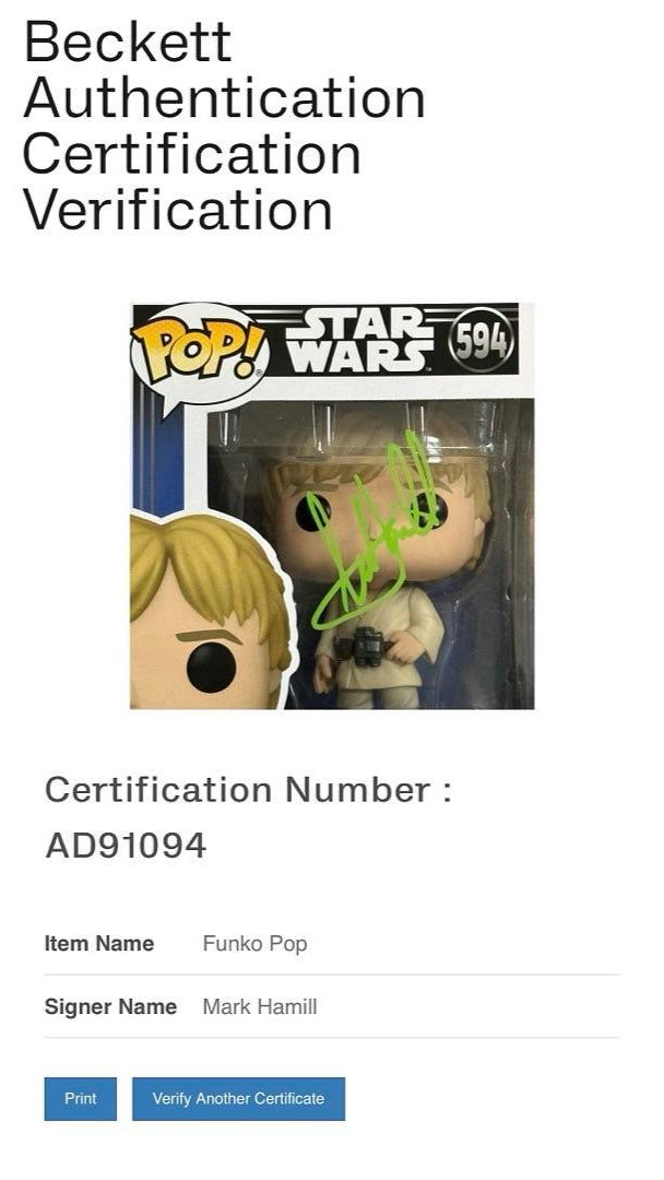 Mark Hamill Signed Funko Pop #594 Luke Skywalker / Star Wars -  PSA Graded & Beckett COA