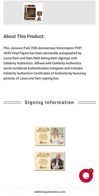 Laura Dern & Sam Neill Signed 25th Anniversary Funko Pop #549 (Jurassic Park) *RARE* -  Celebrity Authentics #01