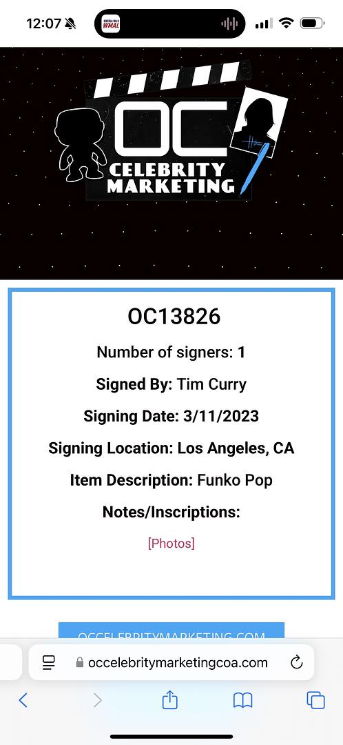 Tim Curry Signed Funko Pop #55 "Pennywise" (IT) - OC Celebrity Marketing COA