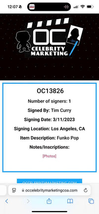 Tim Curry Signed Funko Pop #55 "Pennywise" (IT) - OC Celebrity Marketing COA