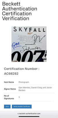 Daniel Craig, Javier Bardem, Sam Mendes Signed 11x17 (James Bond Skyfall) *RARE* - Beckett COA