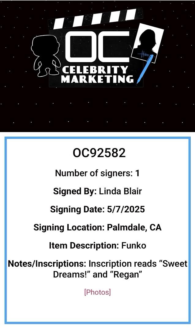 Linda Blair Signed Funko Pop #203 Regan (The Exorcist) w/inscription and character name - OC Celebrity Marketing #01