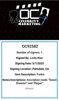 Linda Blair Signed Funko Pop #203 Regan (The Exorcist) w/inscription and character name - OC Celebrity Marketing #01