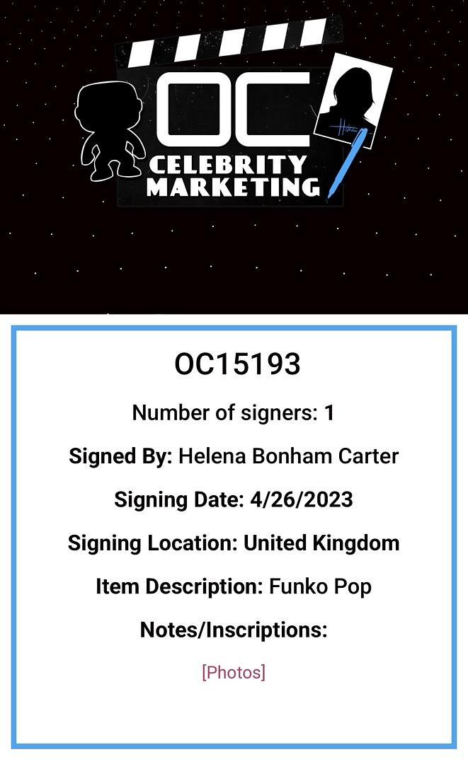 Helena Bonham Carter Signed Funko Pop #35 "Bellatrix Lestrange" (Harry Potter) - OC Celebrity Marketing  #01