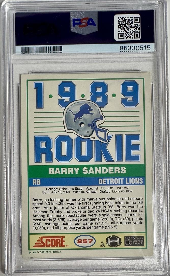 Barry Sanders 1989 Signed Score Rookie Card Auto Grade *RARE* - GEM MT 10 PSA/DNA