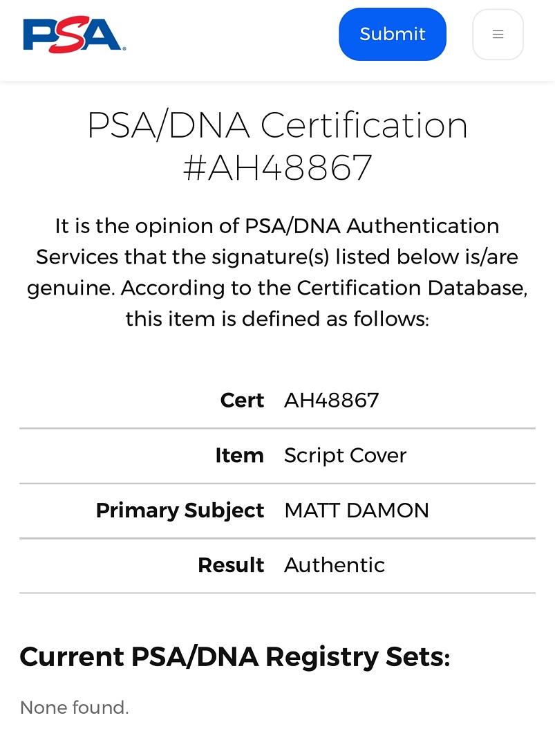 Matt Damon Signed Script (Saving Private Ryan) - PSA COA