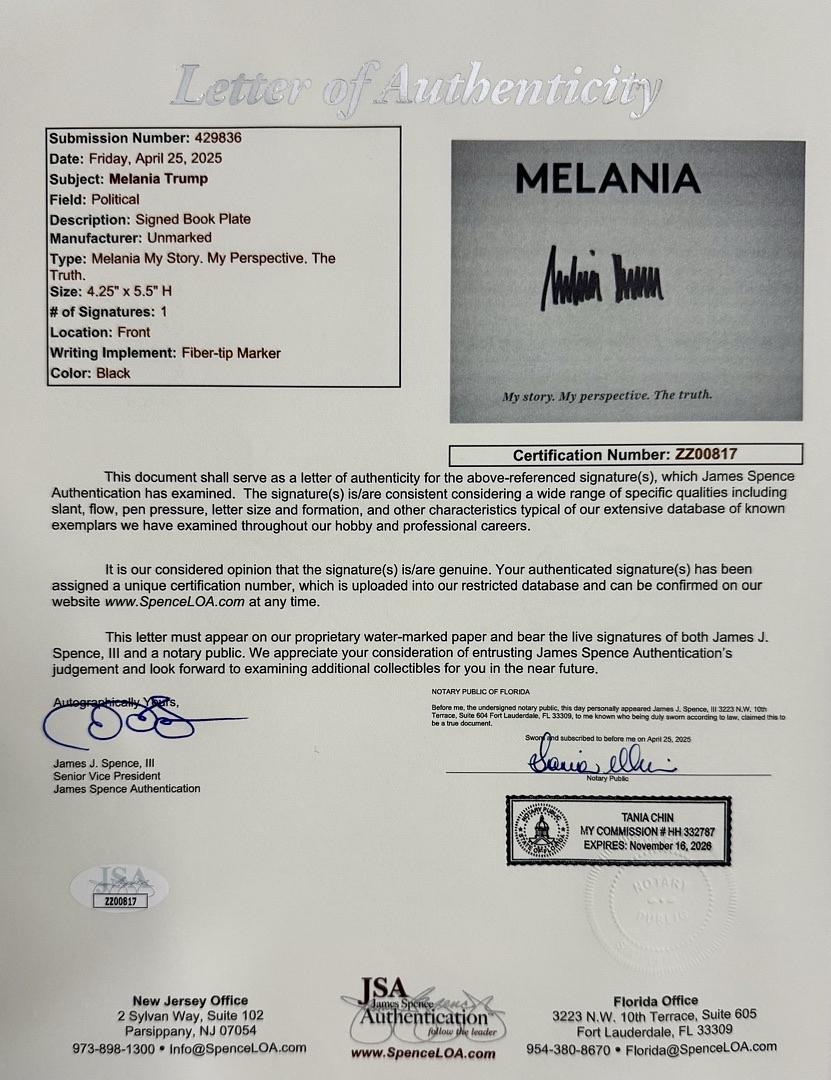 Melania Trump Autographed Collector's Edition "Melania" Book - JSA COA #02 w/full letter of authenticity