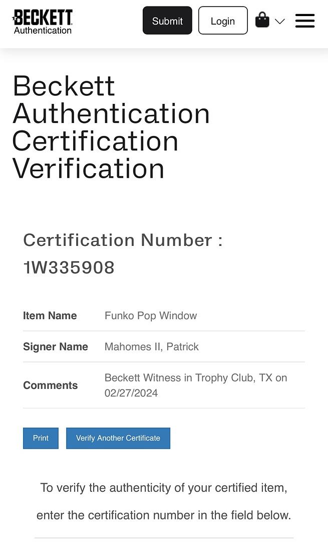 Patrick Mahomes Signed Kansas City Chiefs Funko Pop (White Ink) #148 - PSA Graded Near Mint, Authenticated / Encapsulated - Beckett & PSA COA