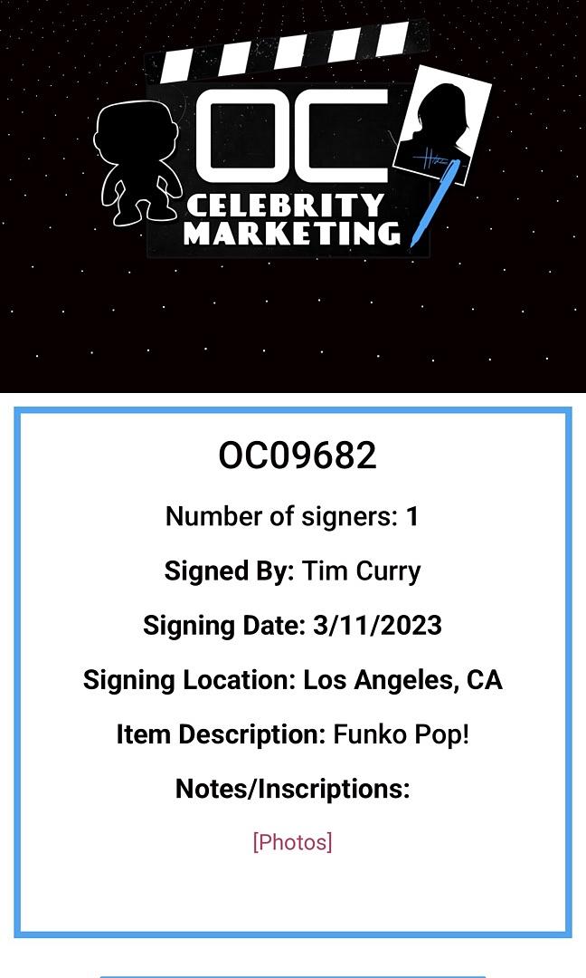 Tim Curry Signed Funko Pop #55 "Pennywise" (IT) Entertainment Earth Exclusive - Beckett COA #03