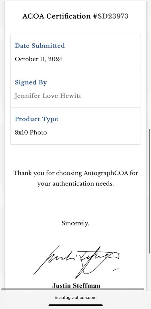 Jennifer Love Hewitt Signed 8x10 Photo (Ghost Whisperer) - ACOA