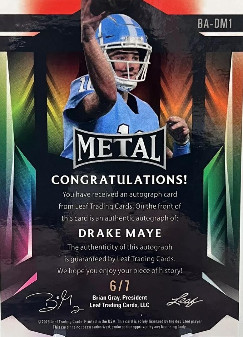 2023 Drake Maye Leaf Metal Signed Silver Crystal Card #6/7