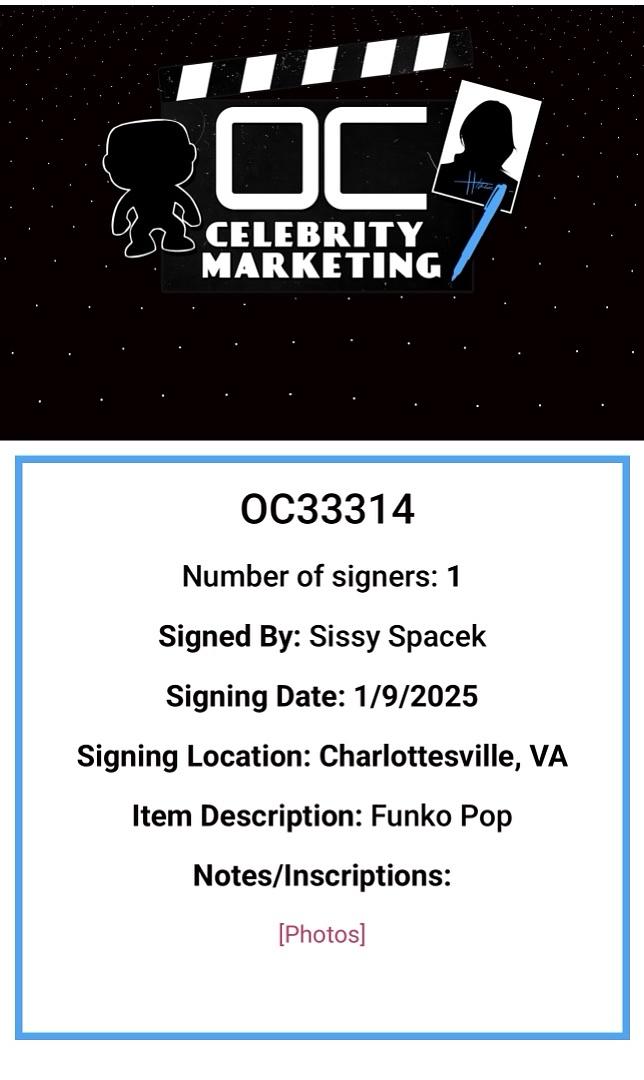 Sissy Spacek Signed Limited Edition Funko Pop #1436 "Carrie" - OC Celebrity Marketing