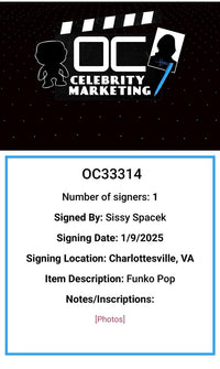 Sissy Spacek Signed Limited Edition Funko Pop #1436 "Carrie" - OC Celebrity Marketing