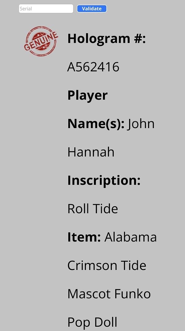 John Hannah Signed Funko Pop #01 "Big Al" (Alabama Crimson Tide) w/Inscription - Schwartz COA
