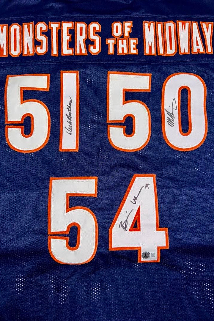 Chicago Bears "Monsters of the Midway" Autographed Butkus / Singletary / Urlacher Signed Custom Jersey - Beckett COA #01